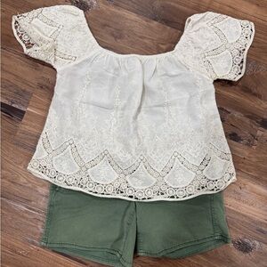 Women’s American Eagle Lace Embroidered Blouse and Green Shorts Set